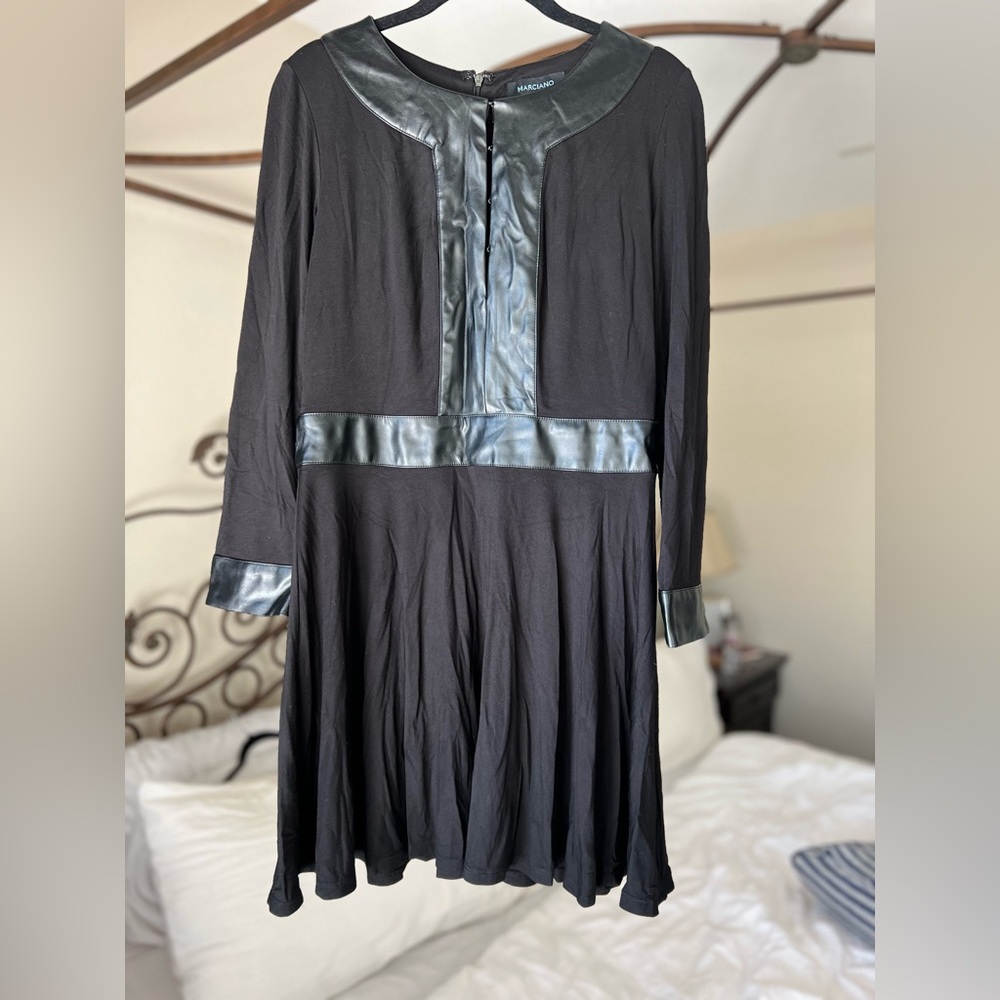 Marciano black long-sleeved dress with faux-leather trim